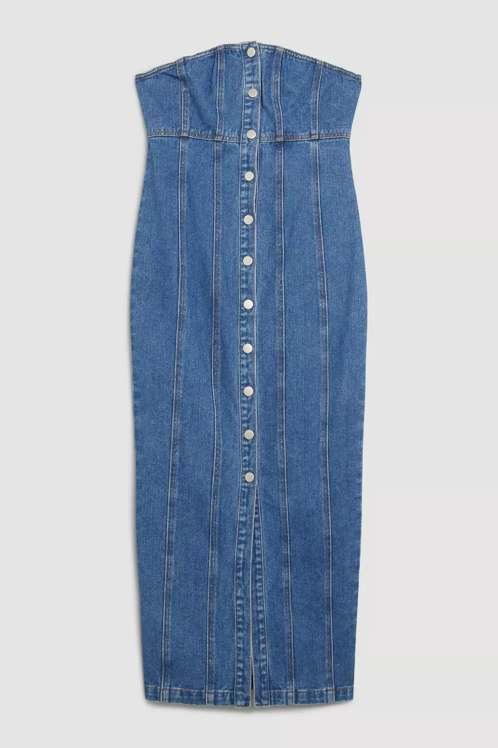 【KAREN MILLEN】テイラード デニム フルスカート ミディドレス Denim Bandeau Button Midi Dress | Karen Millen